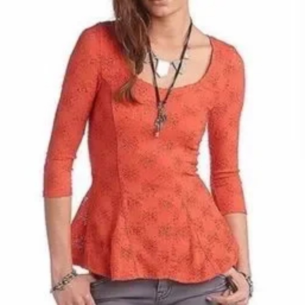 Free People Coral Lace Peplum Blouse